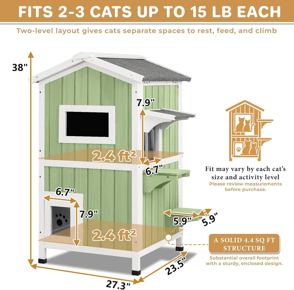 2-Story Weatherproof Wooden Outdoor Cat House