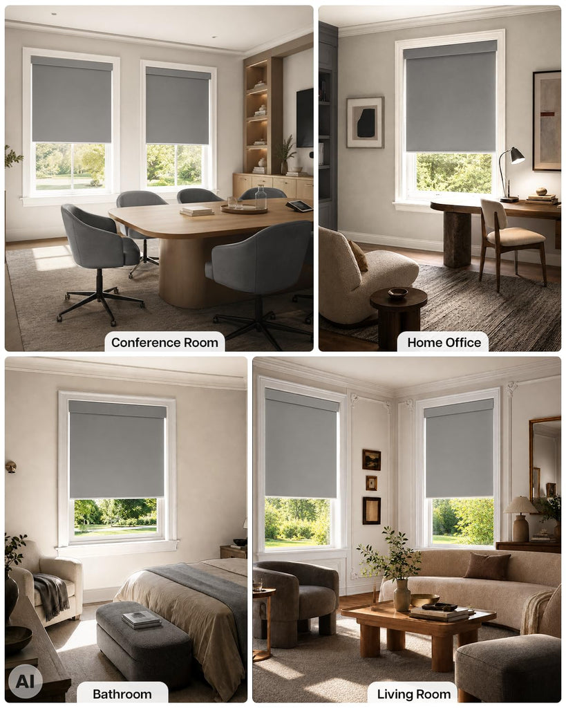 Motorized No Drill Blackout Roller Shades, Grey
