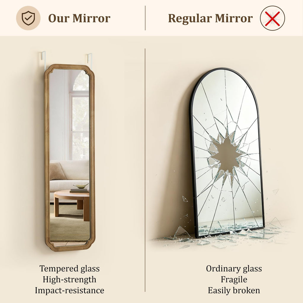 48" x 14" Full Length Door Mirror with Rustic Rounded Corner Wood Frame, Over the Door Hanging Mirror, Closet