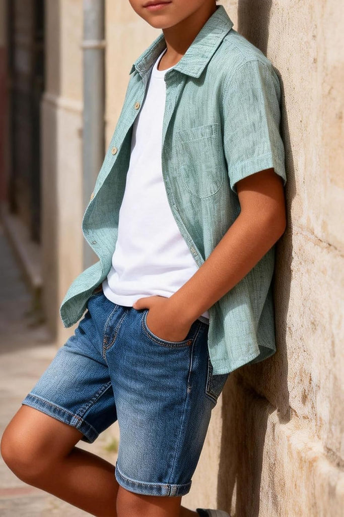 Boy Button Down Chambray Shirts Short Sleeve Linen Shirt