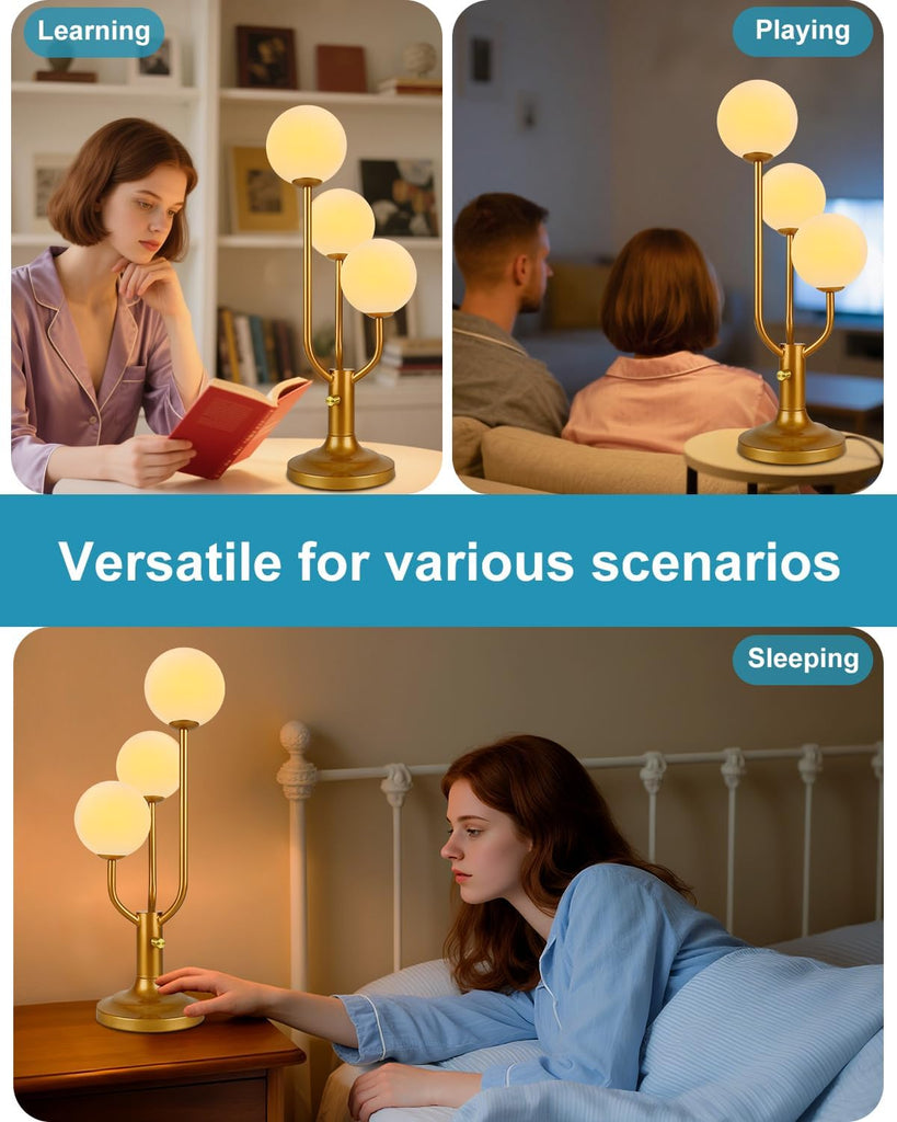 Modern Gold Globe Table Lamp Dimmable Mid Century 3-Light Desk Lamp 3000K Warmwhite Nightstand Lamp Bedside End