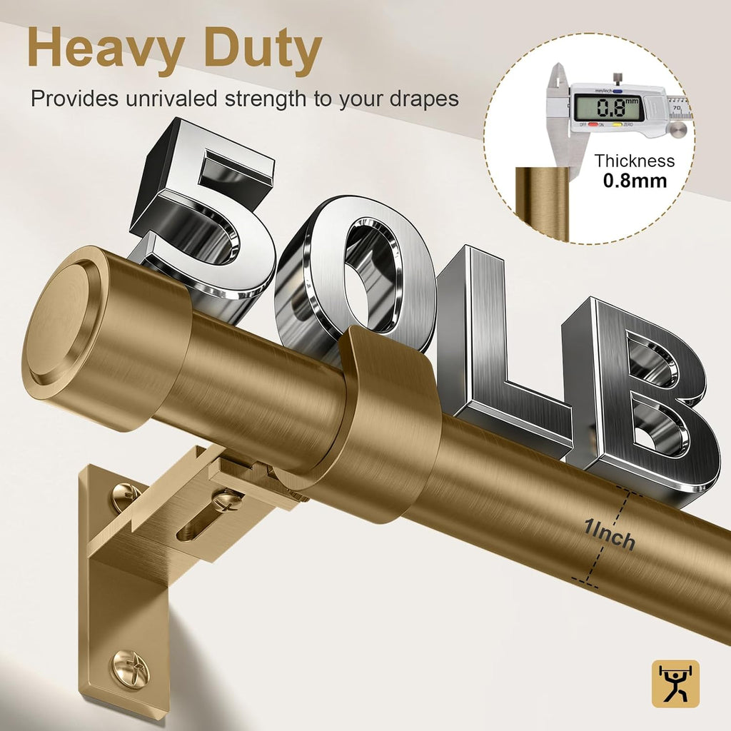 Warm Gold Brass Curtain Rod, 1" Diameter Heavy Duty Window Rod with Solid Aluminum Finials