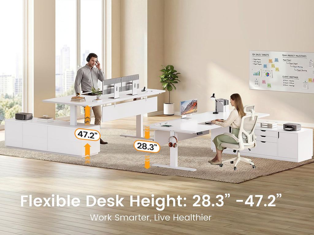 71" Executive Large L Shaped Electric Standing Desk, White