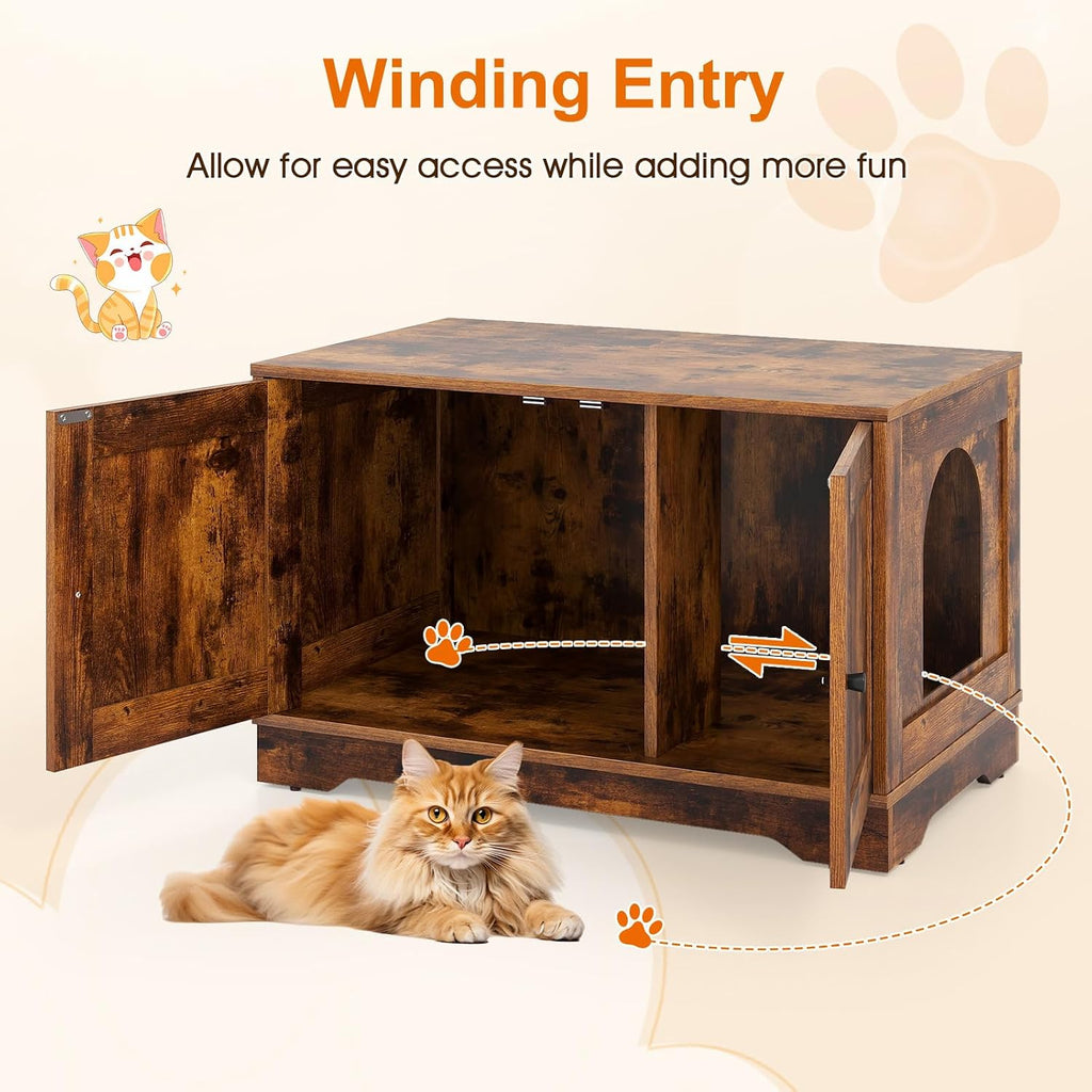 Cat Litter Box Enclosure, Modern Hidden Litter Box Furniture with Double Doors, Side Entry, Cat House, Side End