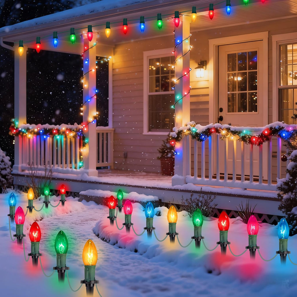 38 Feet C9 Christmas Pathway Lights Christmas Decorations Outdoor Yard, 25Pack Walkway Lights with 25 Marker Stakes