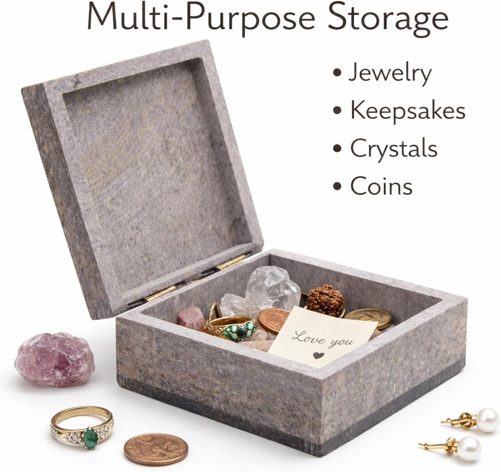 Hand Carved Marble Soapstone Square Jewellery Box, 4x4x2 Inch