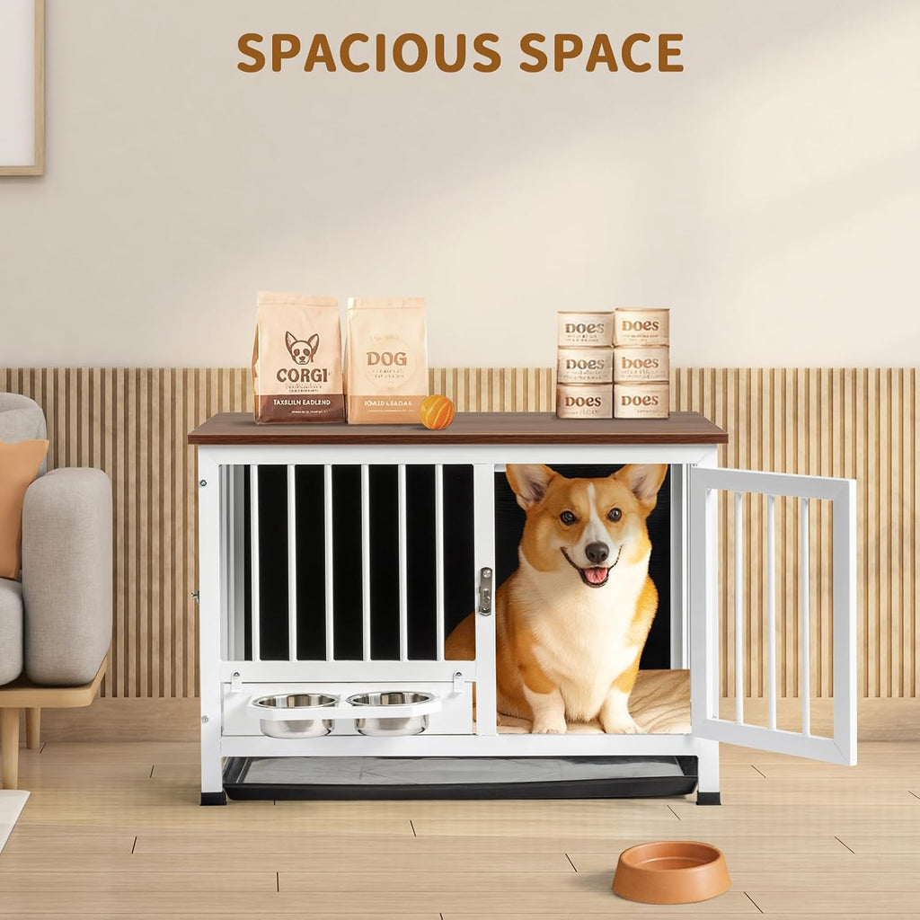 Dog Crate Furniture, 32.5" Wooden Dog Kennel with 360° Swivel Feeder, Dog Cage Indoor for Small and Medium Dogs, Easy