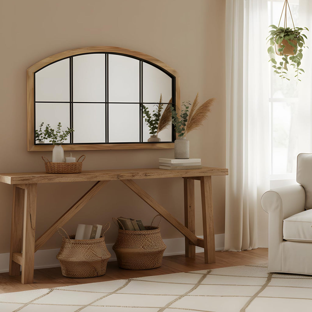 Arch Window Mirror, 48X30 Farmhouse Arch Wall Mirror, Wood Framed Rustic Mirror Metal Inner Frame Decorative, Natural