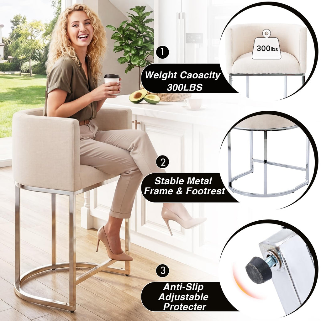 Modern Counter Height Linen Fabric Upholstered Counter Stools Set of 3, 29 Inch Cream Kitchen Island Stools with