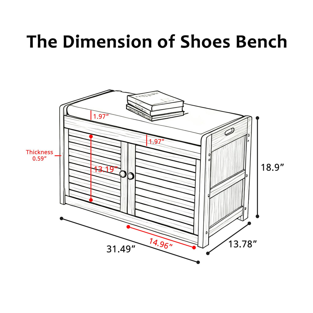 Shoe Storage Bench, 2-Tier Shoe Cabinet with Padded Seat Cushion, Bamboo Entryway Bench with 2 Doors (31.49''(L)