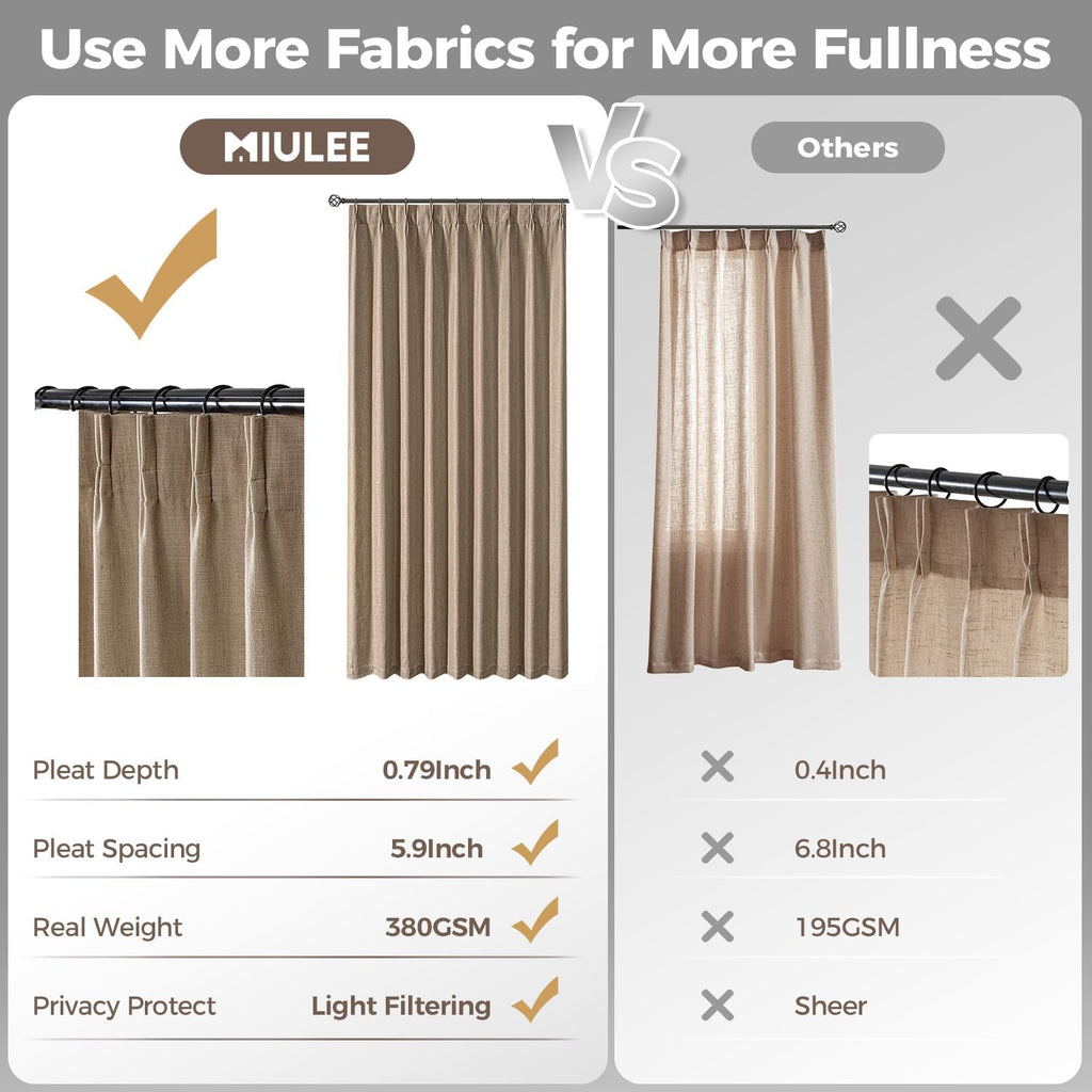 Pinch Pleated Thick Linen Curtains 90 Inches 2 Panels Brown Drapes