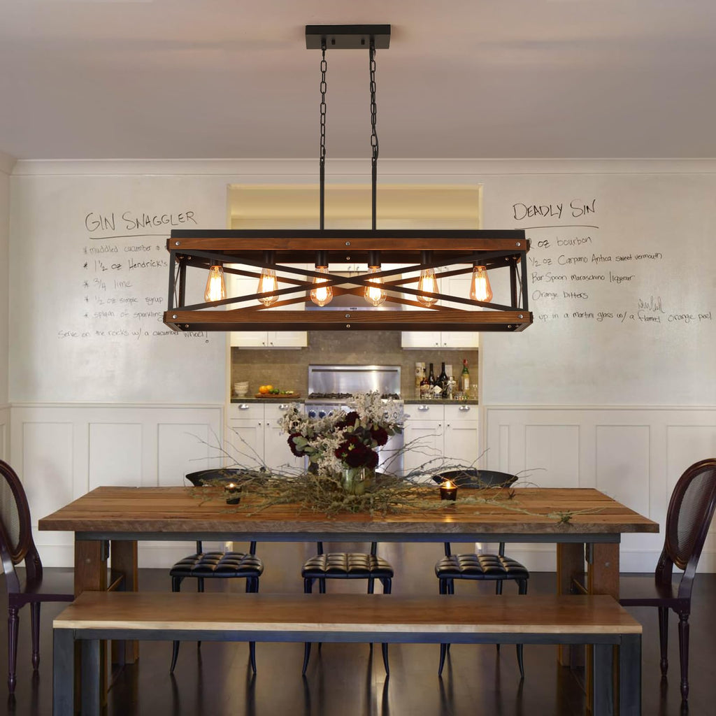 Rustic Farmhouse Wood Kitchen Island Lighting, 6 Lights Rectangular Pendant Light Fixture, Adjustable Chain Oak Wood