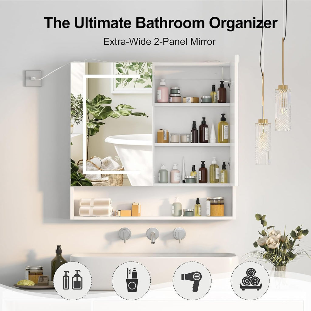 Lighted Medicine Cabinet with 2 Doors,Large Led Medicine Cabinet with Mirror,Anti-Fog, Wall-Mounted Bathroom Mirror