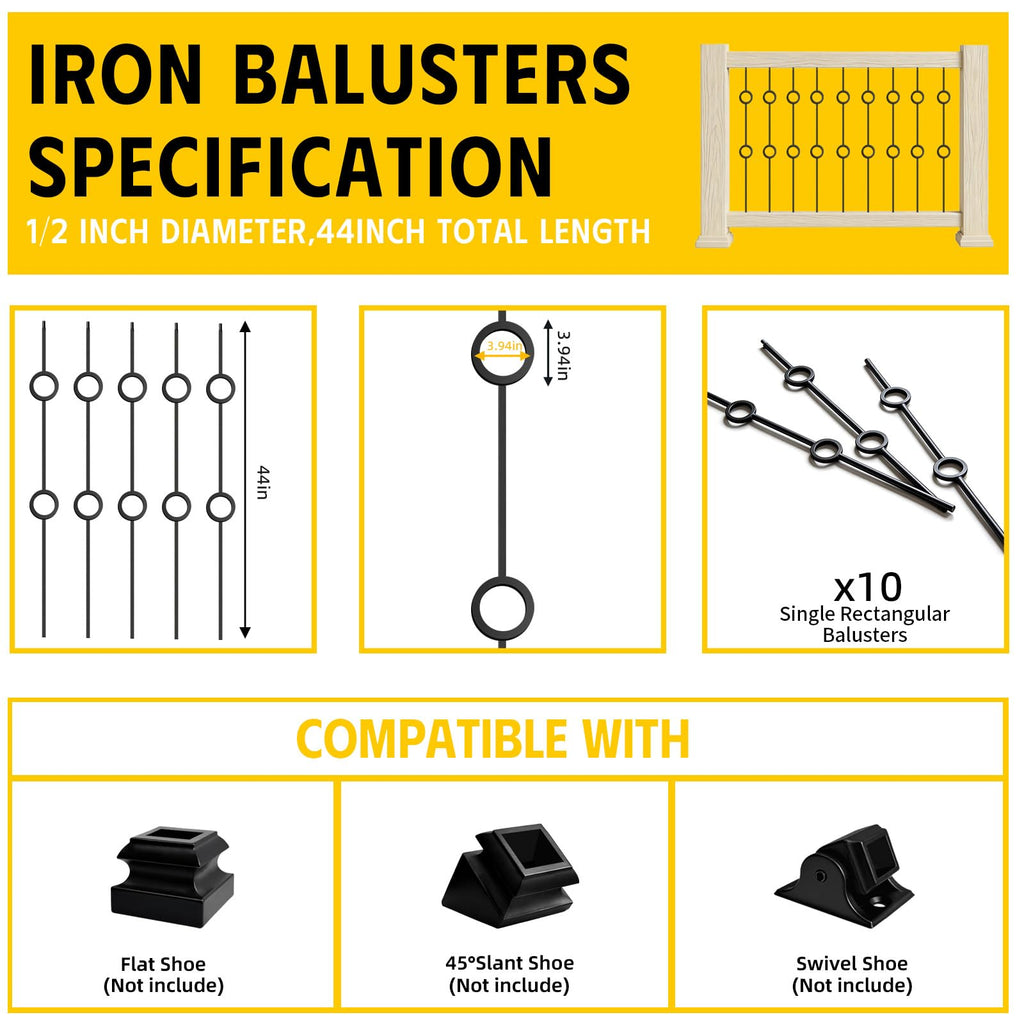 Wrought Iron Balusters (Set of 10), 1/2 inch Double Ring Hollow Straight Stair Spindles, Decorative Metal Balusters