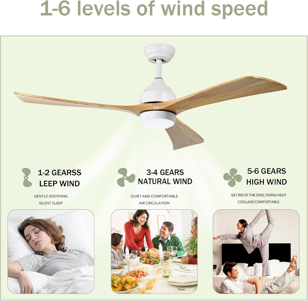 52 Inch Wood Ceiling Fan with Light and Remote - Quiet Reversible DC Motor, 6 Speed - White & Natural Wood