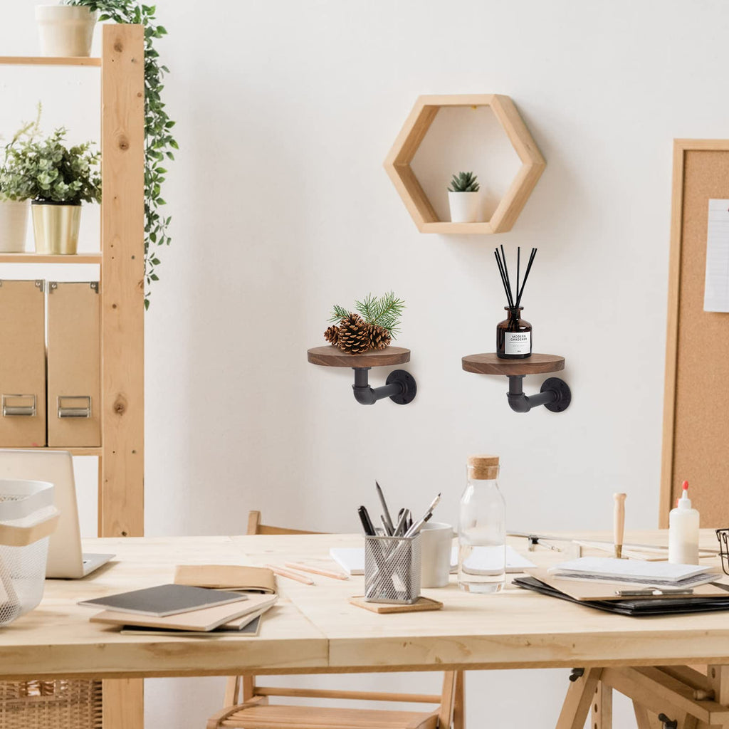 5.9inch Wall Mounted Floating Shelves Round Display Rack with Metal Industrial Pipe Brackets, Rustic Wood Shelving