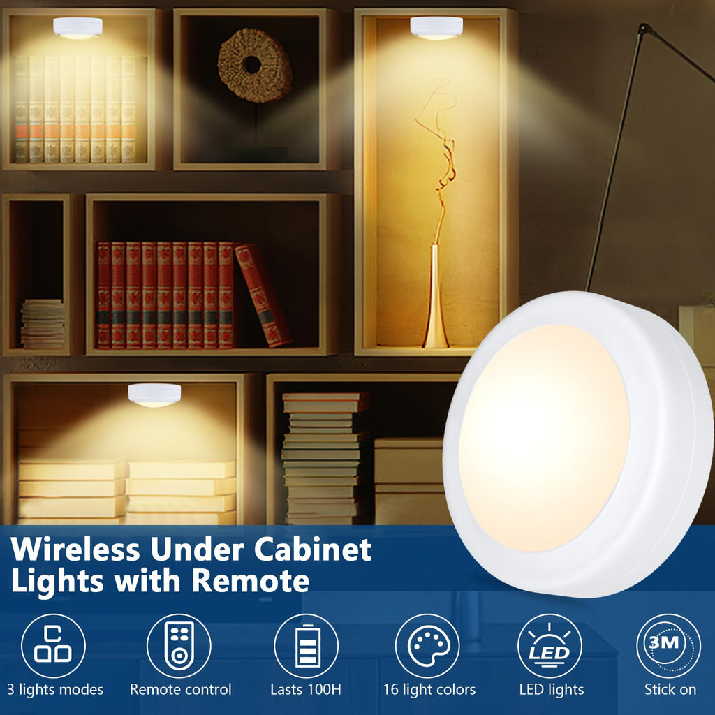 6 Pack LED Puck Lights Remote Control 16 Color Changeable Under Cabinet Lights, Battery Operated Lights Night Light