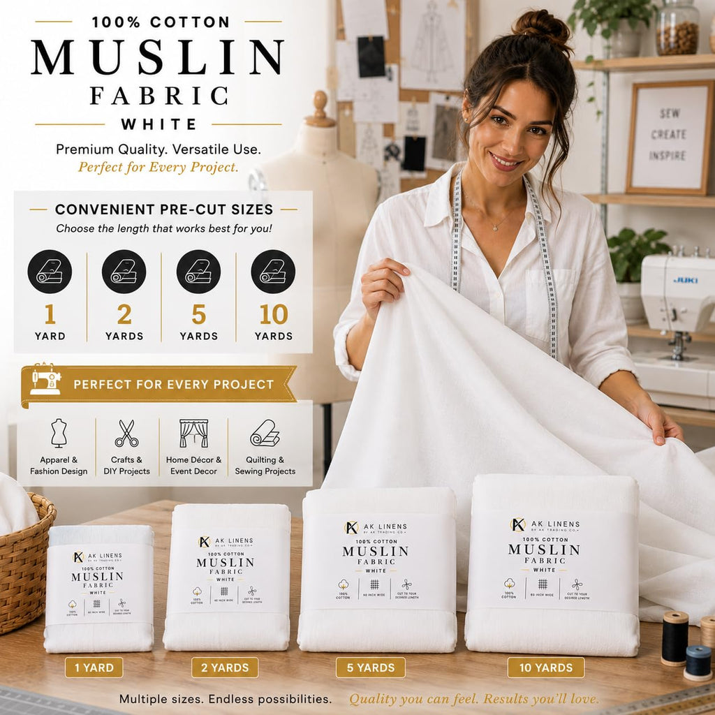 Muslin Fabric/Textile Bleached - Draping Fabric - Bleached White 10 Yards Medium Weight - 100% Cotton (60in. Wide)