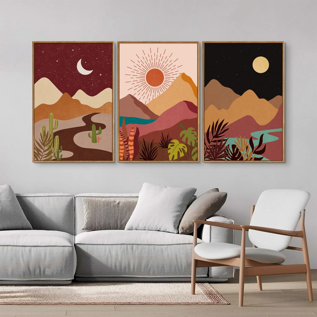Boho Desert Framed Canvas Wall Art Set of 3, Colorful Sun and Moon Art Prints, Bohemian Modern Cactus Art Paintings