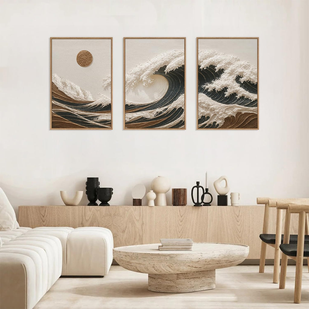 Sea Wave Framed Canvas Wall Art, Abstract Sun Seascape Wall Decor Set of 3(16"x24") Large Modern Ocean Beach Art