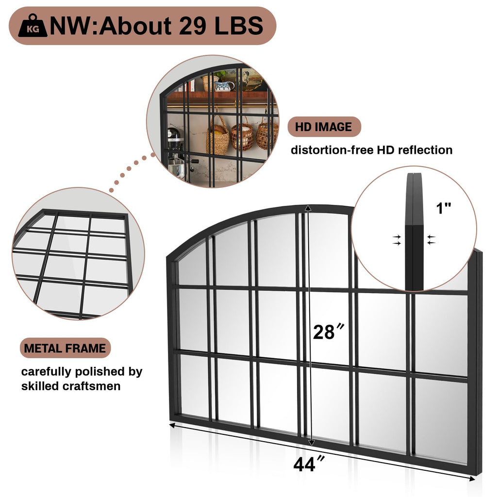 Black Windowpane Wall Mirror, 44" x 28" Arched Window Mirror