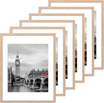 11x14 Picture Frame Set of 6, 8.5x11 with Mat, Wall Mount, Natural | Shatter Resistant Plastic Cover, Thin Border and
