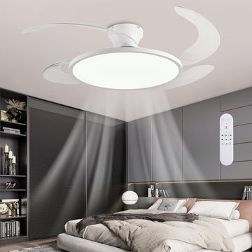 48'' Retractable Ceiling Fan,Full Spectrum Low Profile Ceiling Fan with Light and Remote,Modern White Fan for Dinning