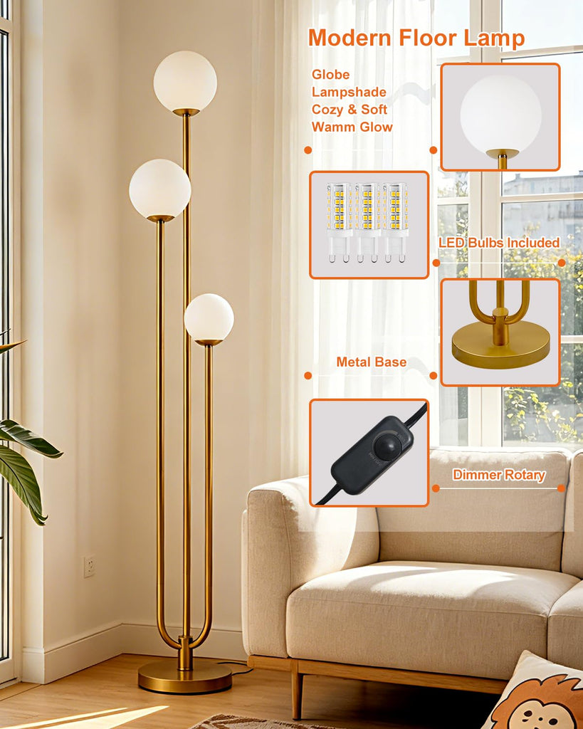 63IN 3-Light Dimmable Floor Lamp, Unique Gold Tall Standing Lamps with 3000K G9 Bulbs for Reading, Mid Century Modern