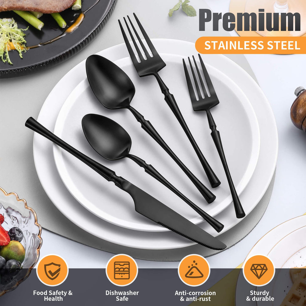 20 Piece Matte Black Silverware Set,18/10 Stainless Steel Flatware Set Service for 4,Unique Cutlery Set with Canton