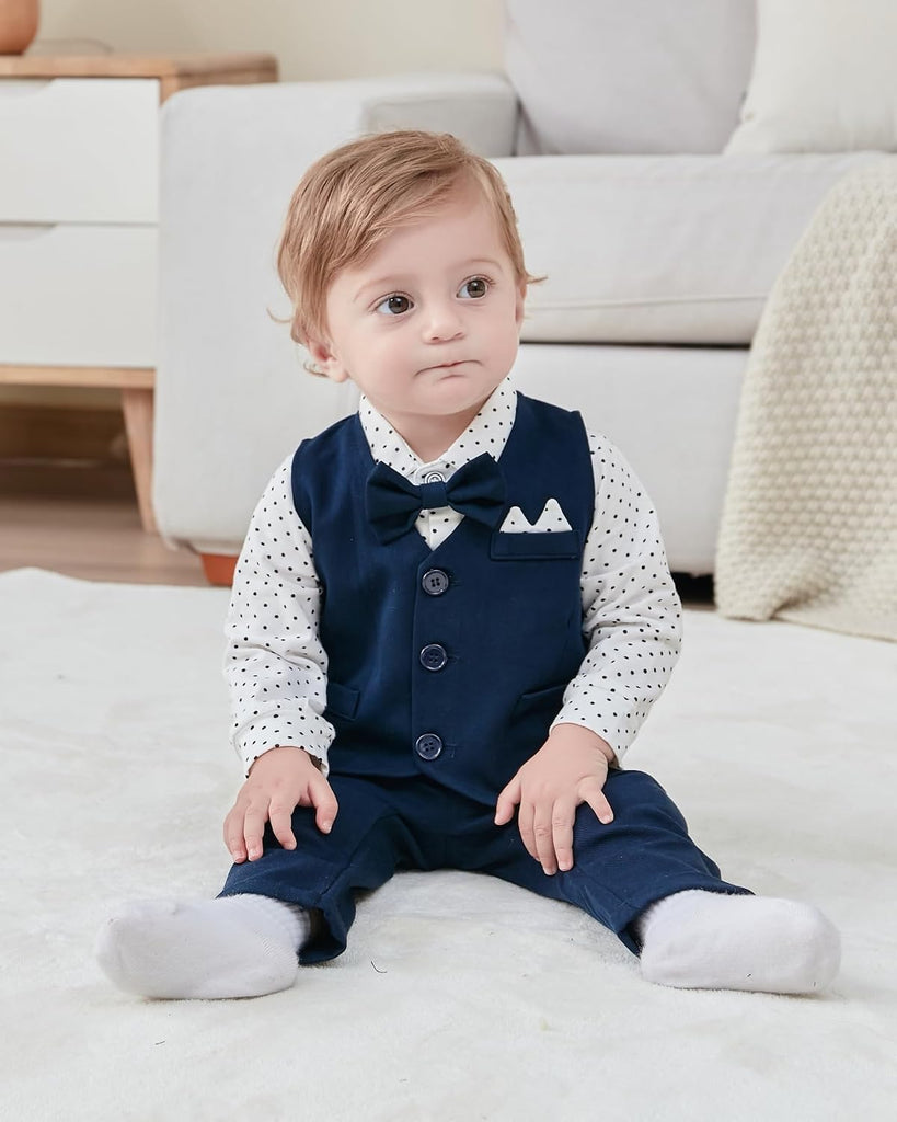Baby Boy Clothes Suit Infant Gentleman Outfits Formal Dress Shirt+Bowtie+Vest+Pants Set Baby Wedding Suits