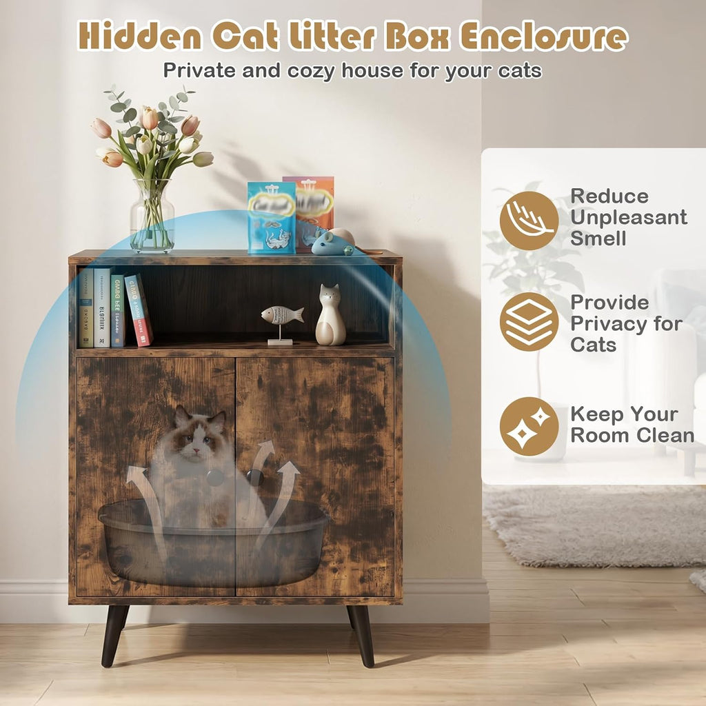 Cat Litter Box Enclosure, Wooden Enclosed Litter Box with Shelves, Hidden Litter Box Furniture End Table (Rustic