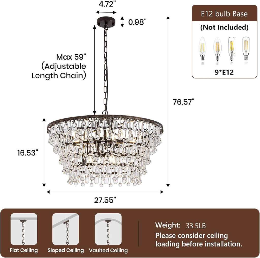 Vintage Crystal Chandeliers for Dining Room Light Fixture, 9-Light 5-Tier Antique Bronze Chandelier for Kitchen Island Bar Living Room Foyer Entryway, D28'' xH17'' A108-B0DZWSZDRW