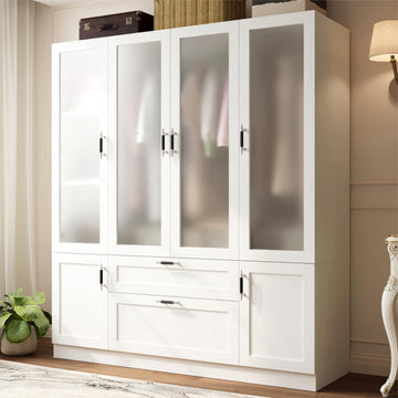 6 Door Armoire Wardrobe Closet with Frosted Glass Door, 70.9''H Clothing Storage Cabinet with Hanging Rod & 2