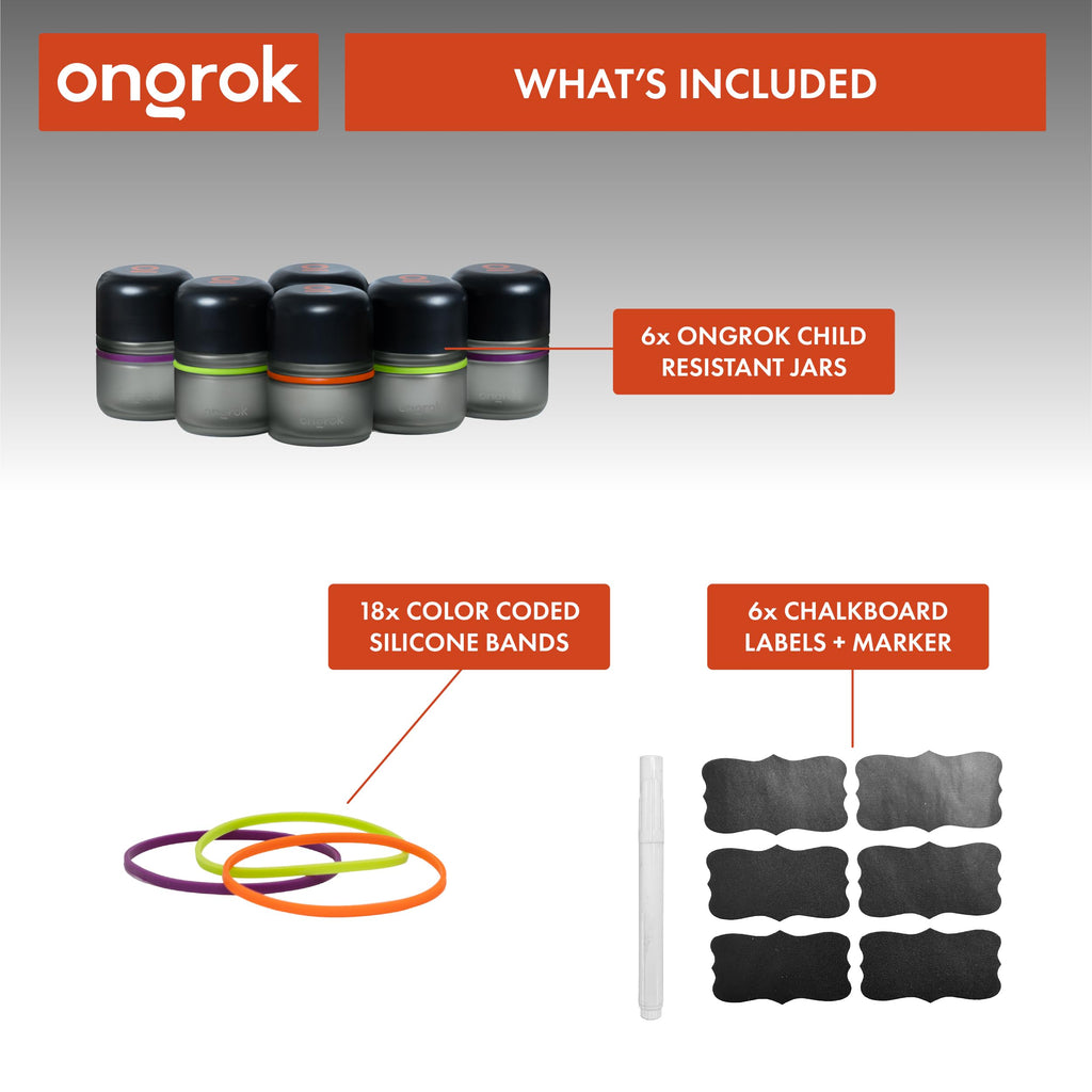 Glass Storage Jar, 80ml, 6 Pack | UV Herb/Spice Jar with Child‐Resistant Lid, Color‐Coded Glass Containers to