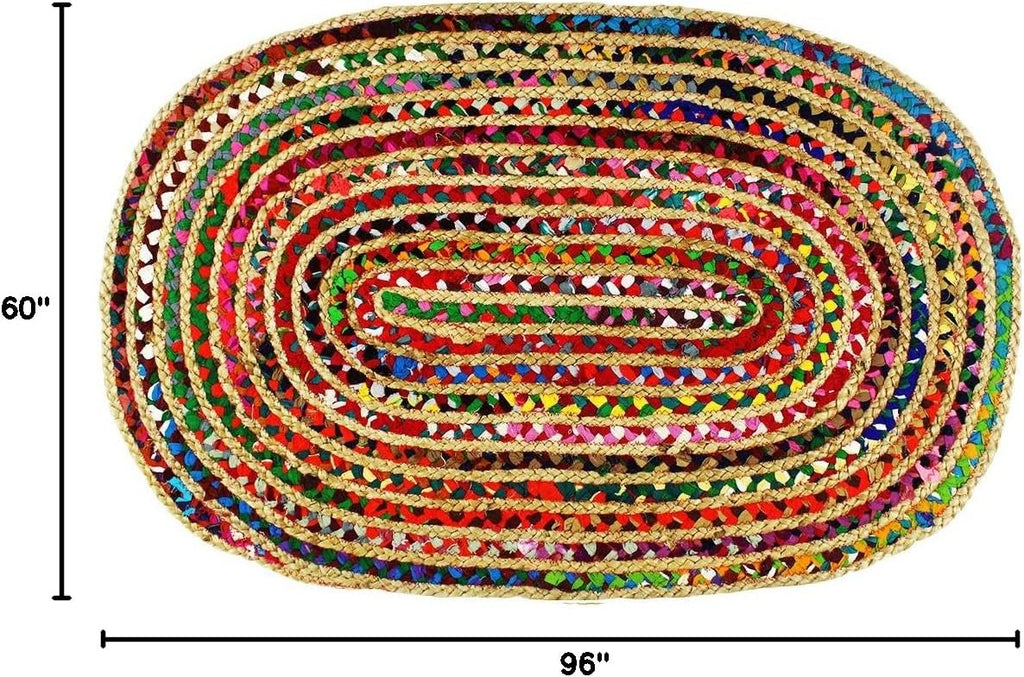 Jute Chindi Braid Rag Rug - 5x8 Ft Oval Multi Color Area Rug | Handwoven Reversible Jute & Natural Recycled Cotton