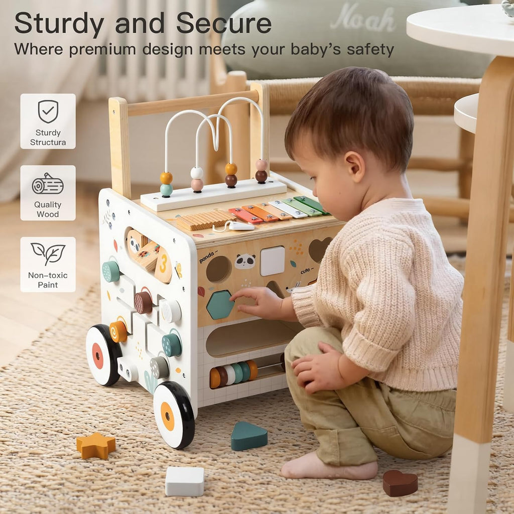 Wooden Baby Walker, Activity Cube Push Walker for Boys and Girls, Toddler Montessori Learning to Walk Toy