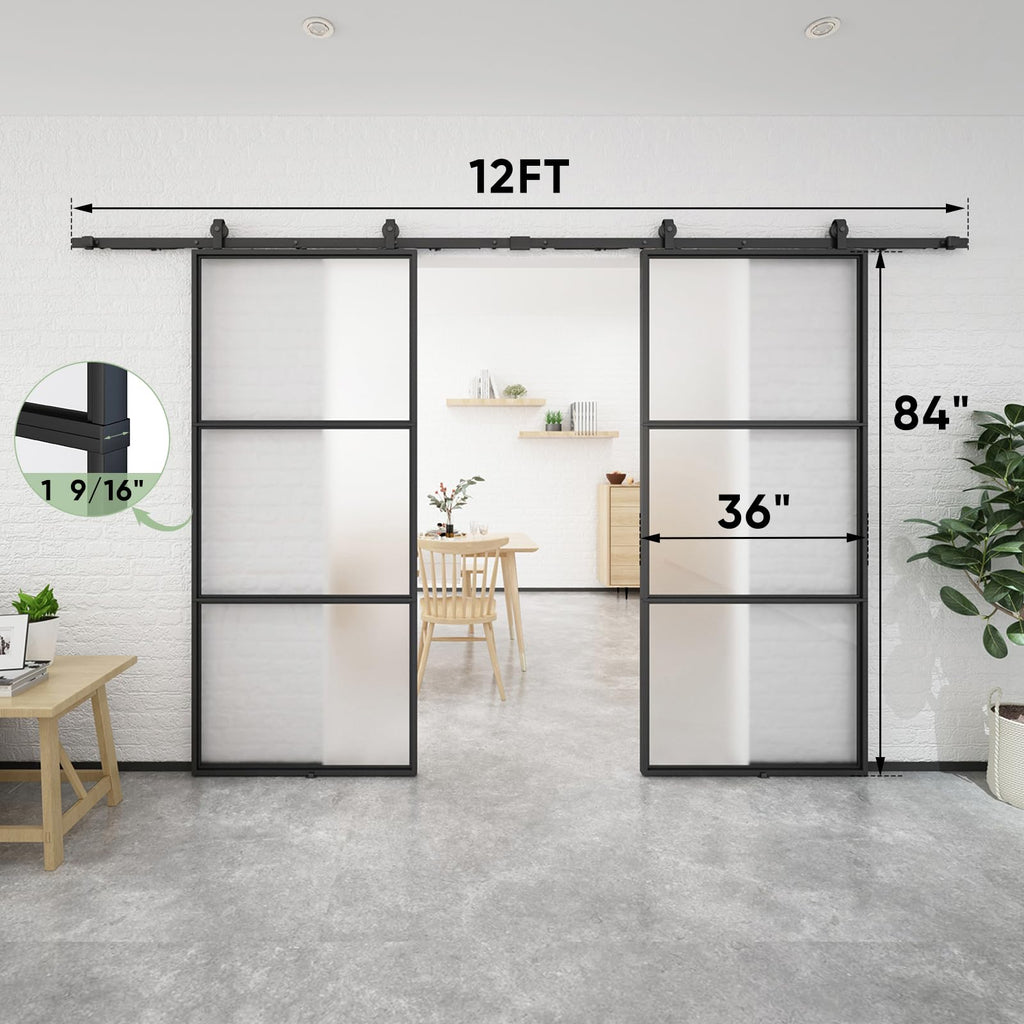 72in x 84 in Double Glass Barn Door with 12FT Top Mounted Hardware kit Soft Close, Black Carbon Steel Tempered