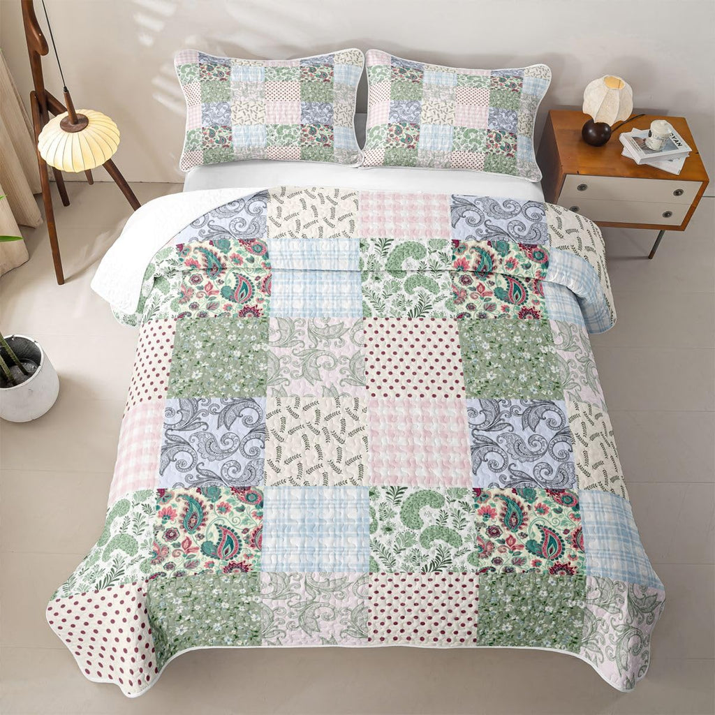 Ssweety Floral Paisley Quilt Set, Polka Dot Quilted Bedspread, Patchwork Grid Microfiber Lightweight Quilt