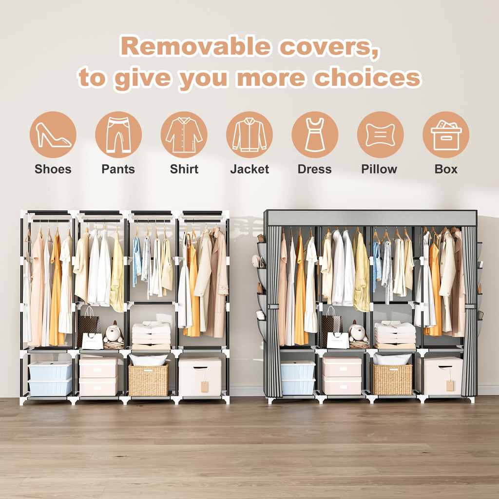 Portable Closet for Hanging Clothes, 67 Inch Wide Portable Wardrobe Closet with Cover, 4 Hanging Rod, Storage Shelves