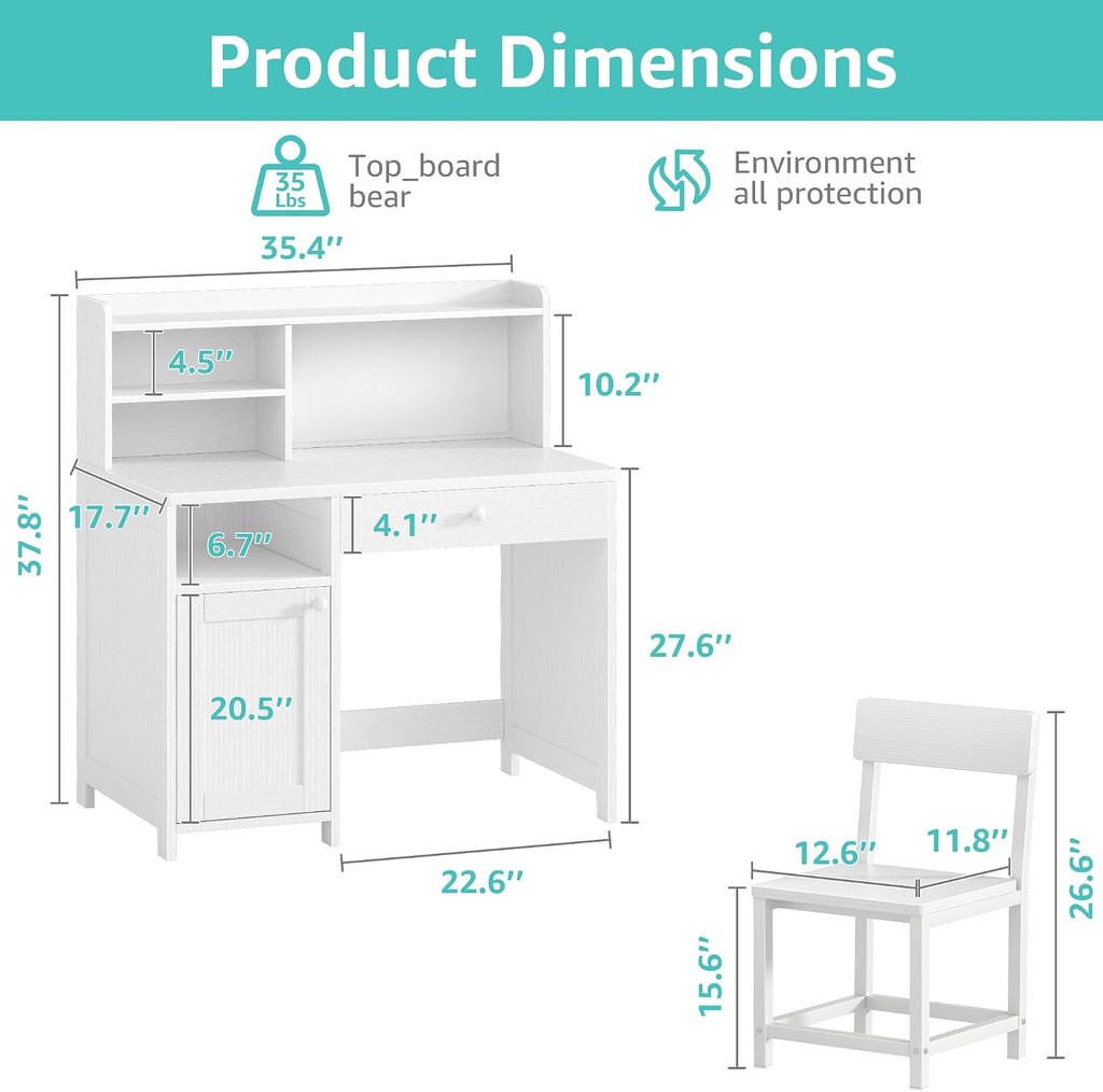 Wooden Kids Desk with Storage,White Kids Desk and Chair Set for 8-10 Year Old, Children Study Desk with Drawer