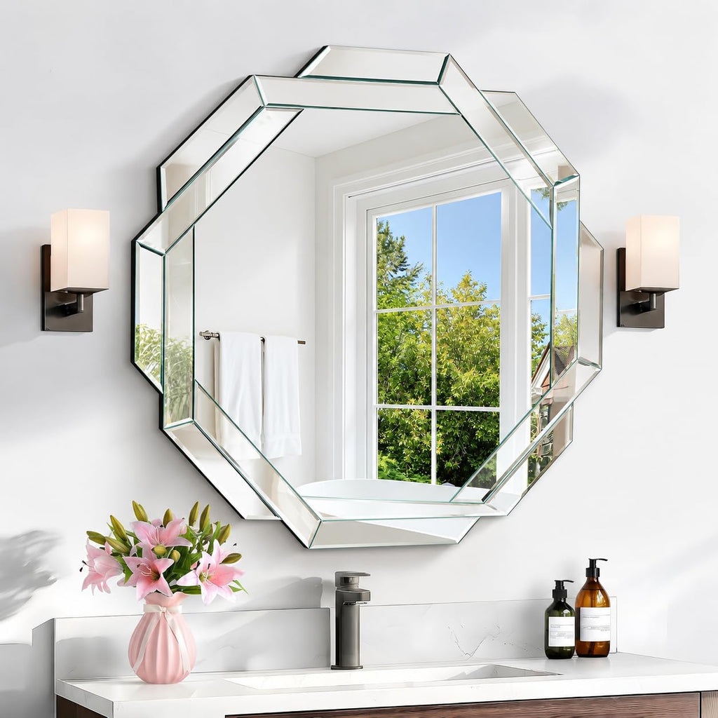 Bathroom Mirror-28"X28" Wall Mirrors Decorative, Beveled Edge Frameless Mirror for Wall Bathroom, Vanity Room