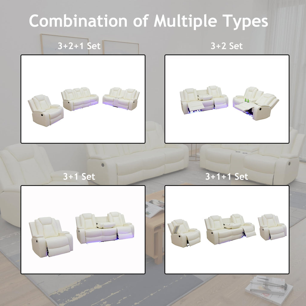 Power Recliner Sofa and Couch Set with LED, 2 Piece Breathing Leather Sofa Set, Reclining Couch and Loveseat Living