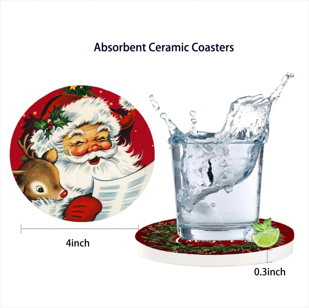 Merry Christmas Coasters Set of 6, Round Absorbent Ceramic Coaster, with Metal Holder and Cork Base, Santa Claus