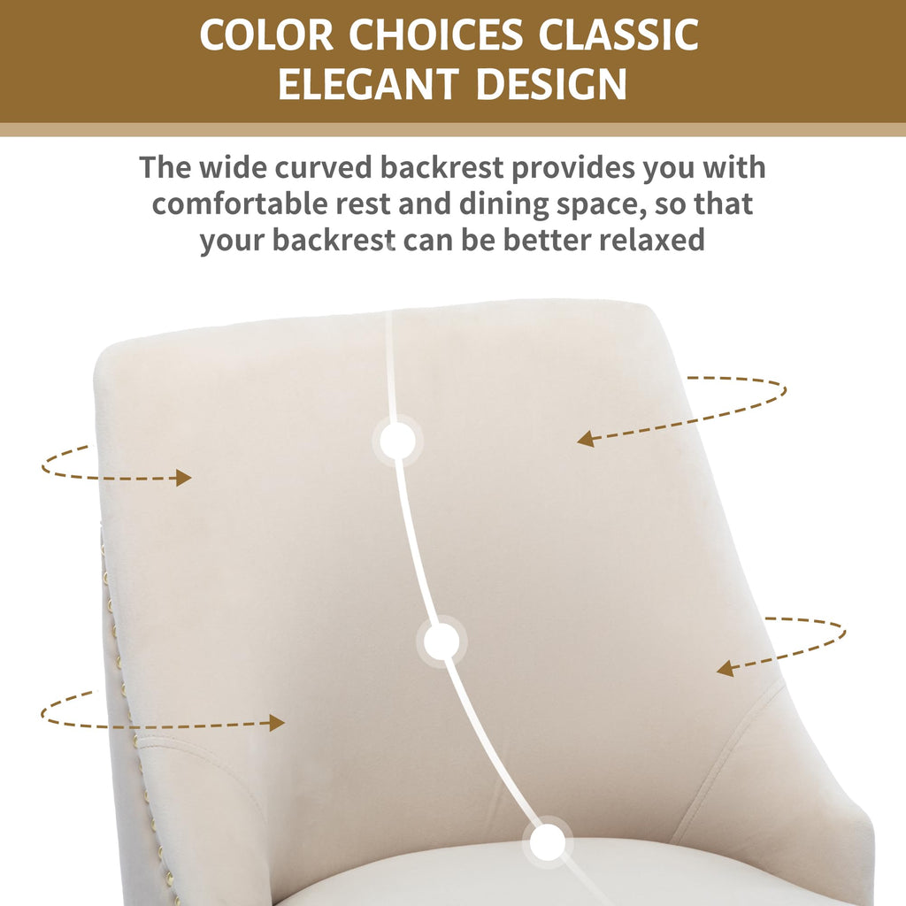 Velvet Dining Room Chairs Set of 2 Nailhead Back with Gold Legs, Beige