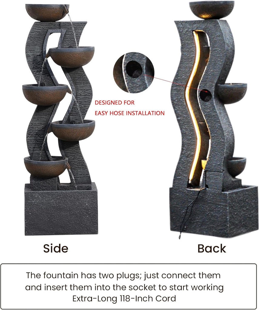 52.8" Tall Outdoor Water Fountain with Lights, 6-Tier Cascading Resin Waterfall Feature