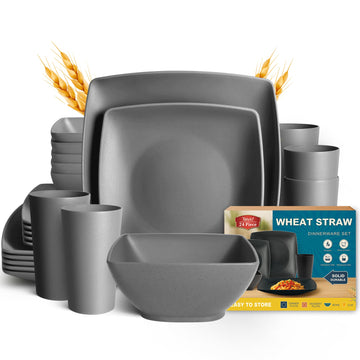 24-piece Plates and Bowls Sets for 6, Grey Square Dinnerware Sets