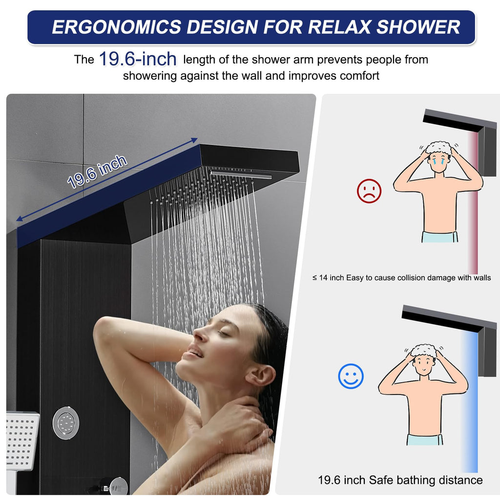 4-in-1 Rainfall Waterfall Shower Panel Tower System, Black