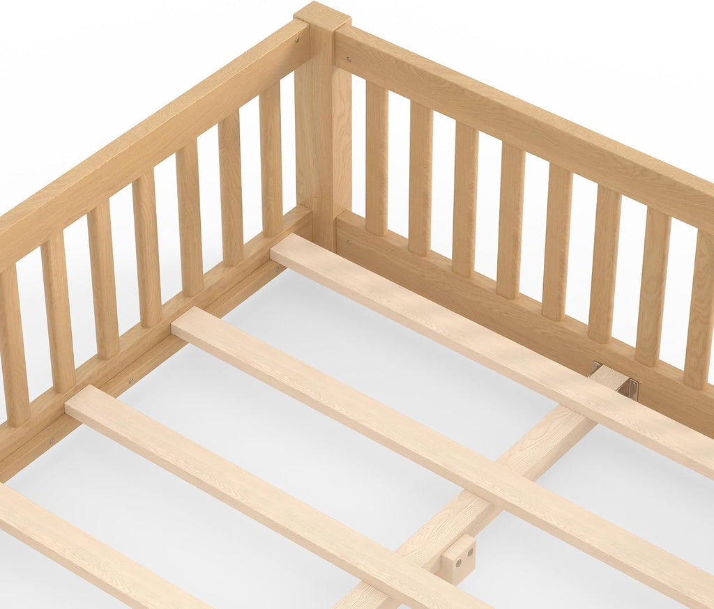 Floor Bed with Rails for Kids, Girls, Boys, Pine, Plywood Floor Bed with slats and Door, Natural