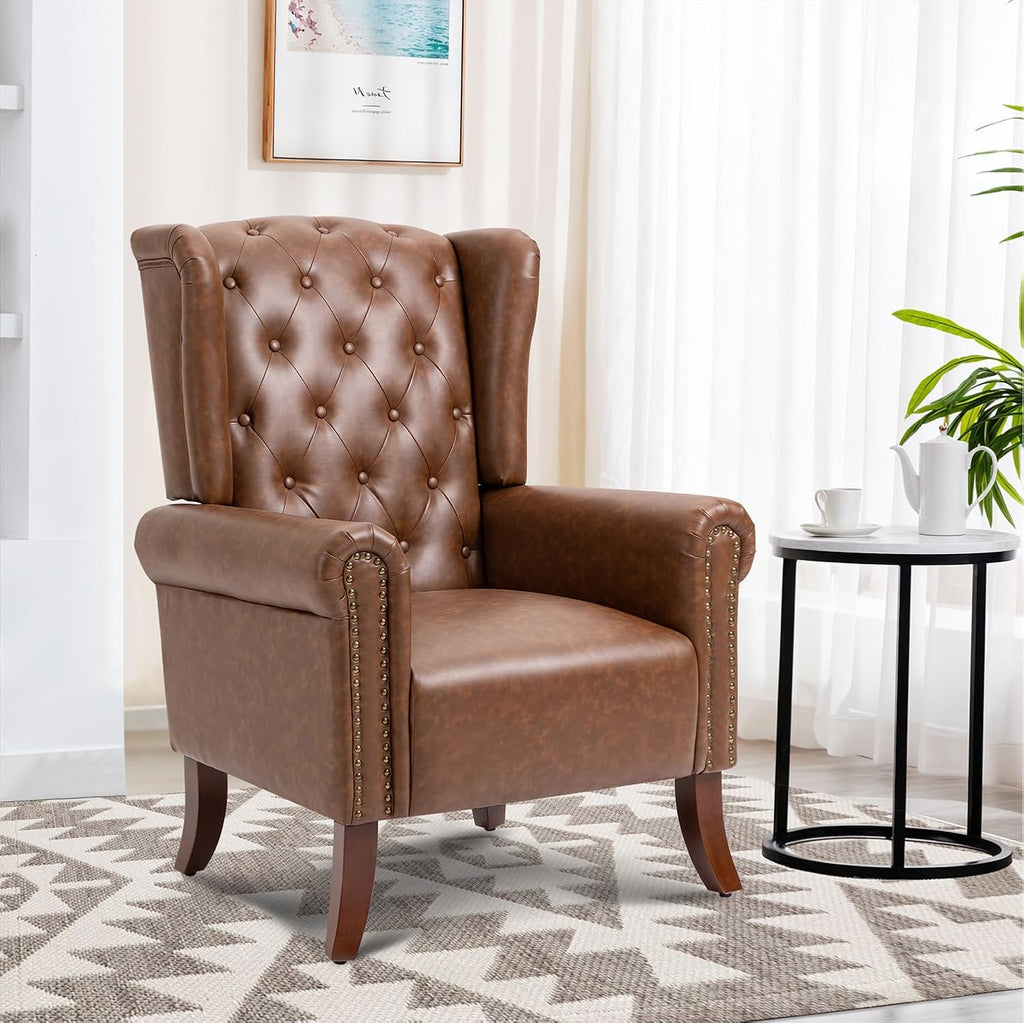 PU Leather Accent Chair Set of 2, Modern Upholstered Living Room Chair Sofa Chair with Wooden Legs, Wingback Armchair