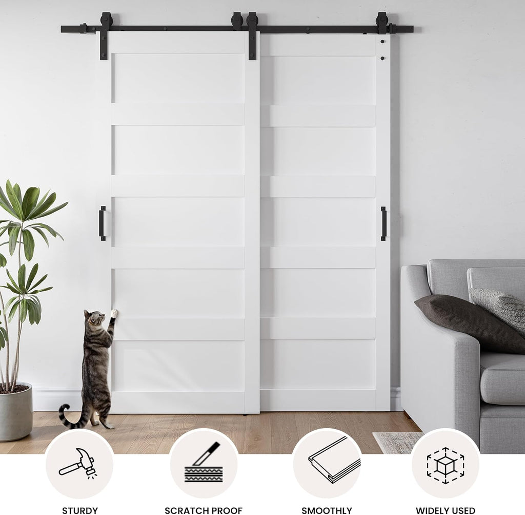 30x84 Inch White Double Barn Door Set - 5-Panel MDF Sliding Doors with 6FT Bypass Barn Door Hardware